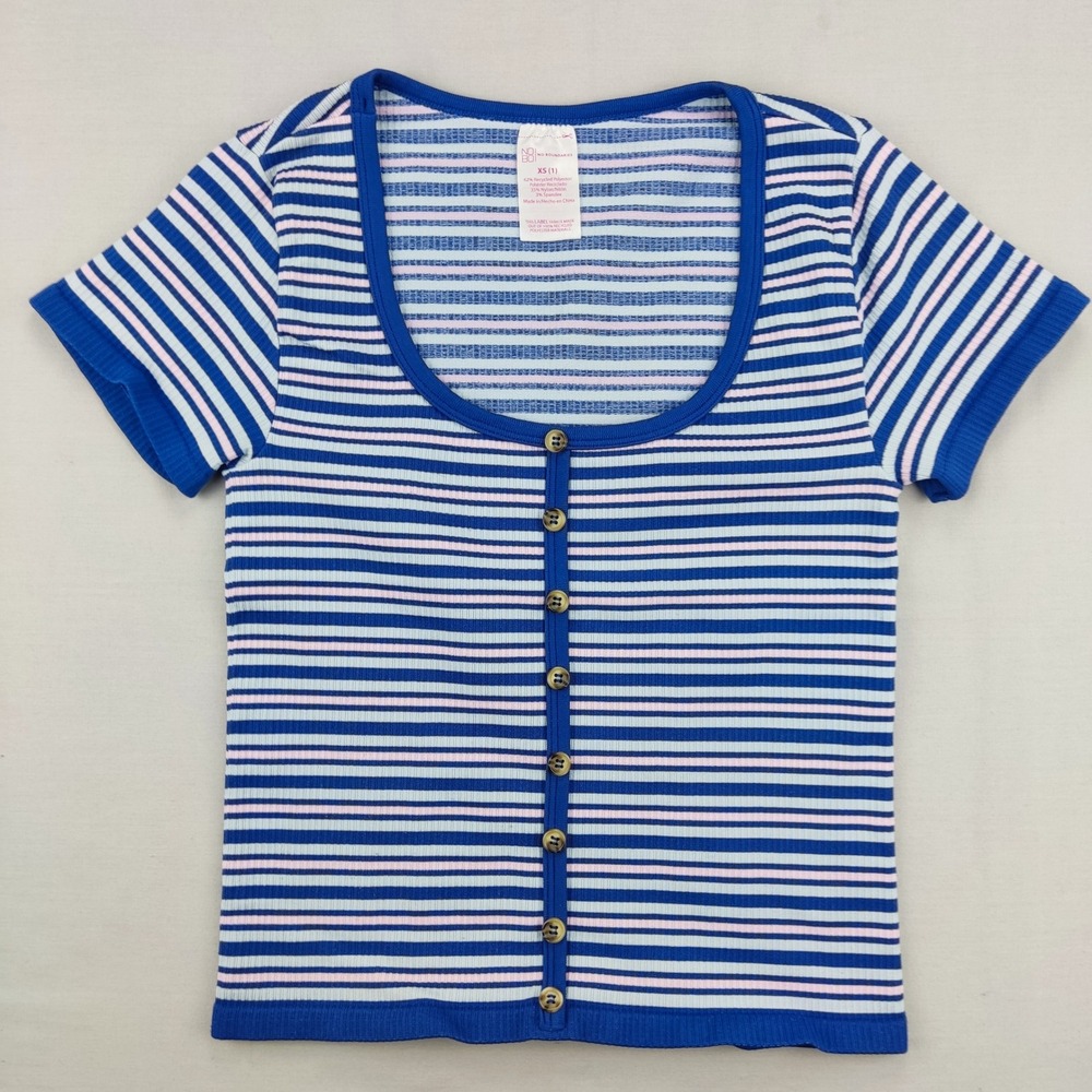 No Boundaries Top Womens XS Blue Striped Ribbed Knit Scoop Neck Button Front Tee